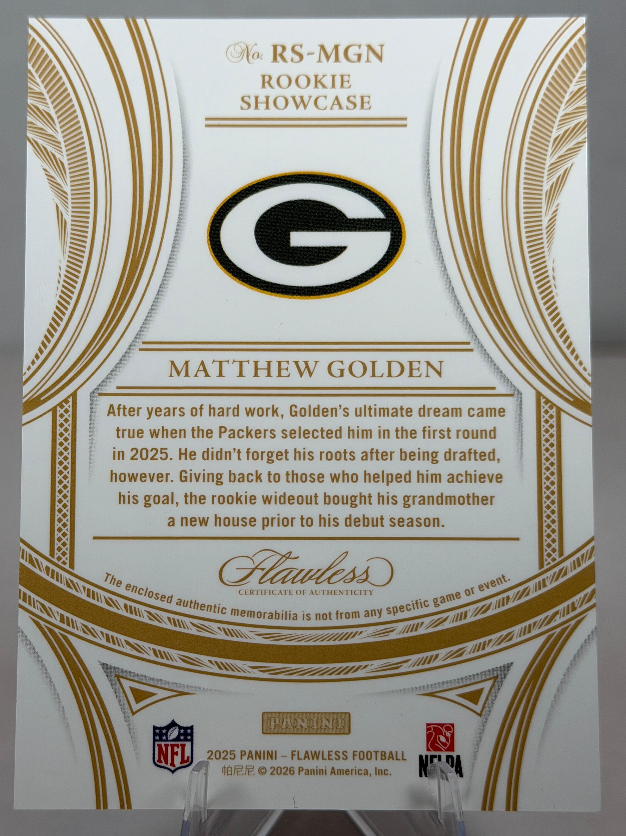 2025 Panini Flawless Football MATTHEW GOLDEN #RS-MGN Rookie Showcase Ruby 07/15